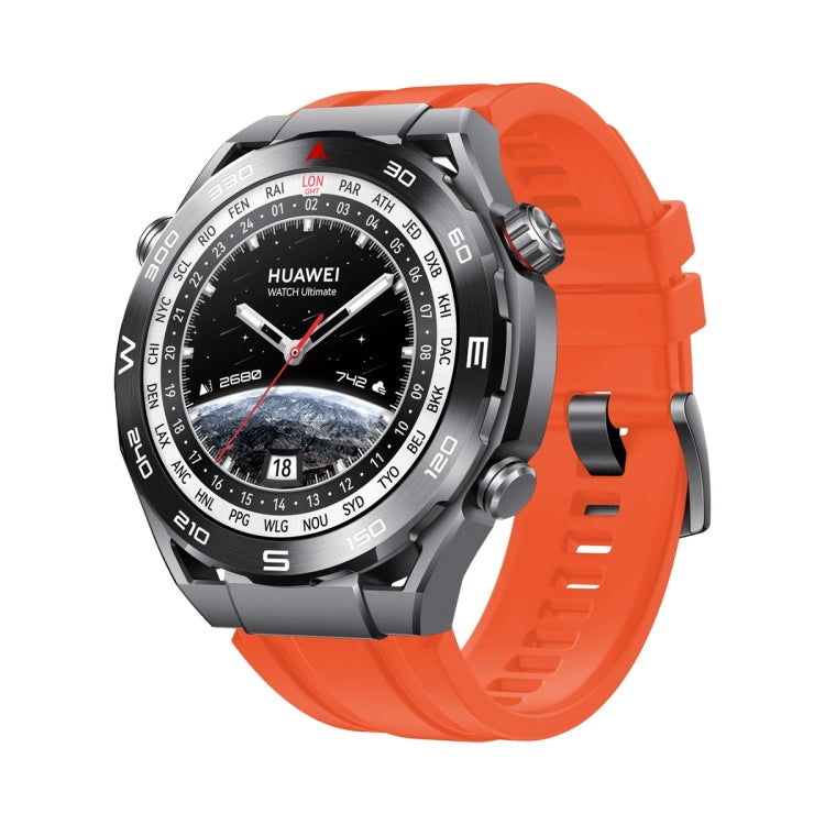 Orange silicone watch band with adjustable holes and snap buckle clasp