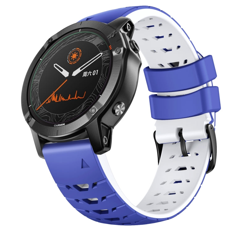 Blue and white 22mm silicone watch band with quick-release clasp and vented holes