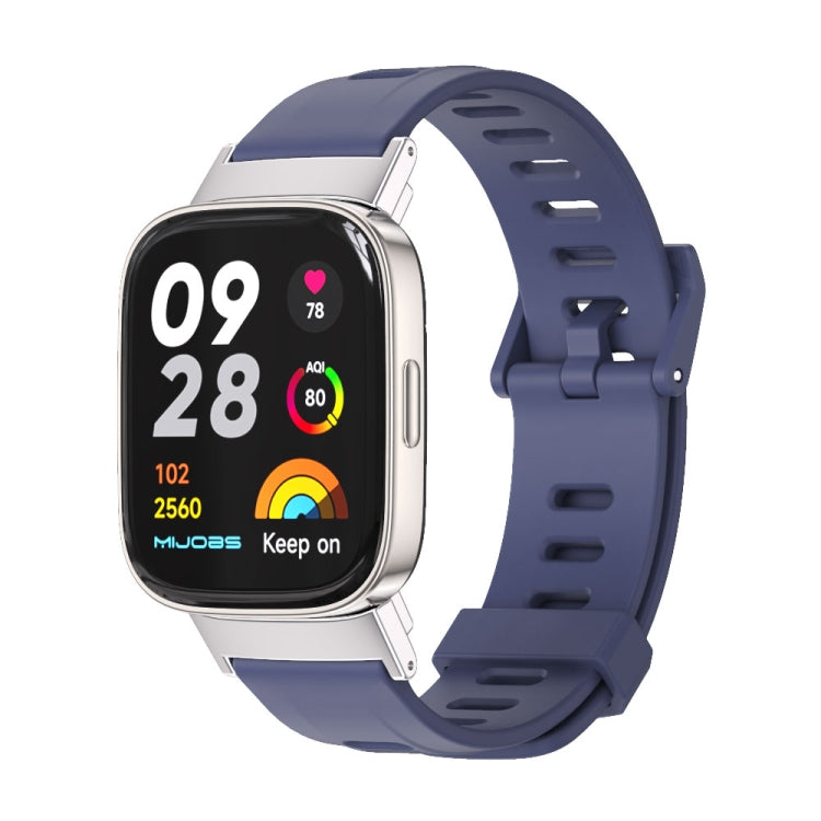 Midnight blue TPU watch band with flat square ventilation holes and metal clasp on smartwatch