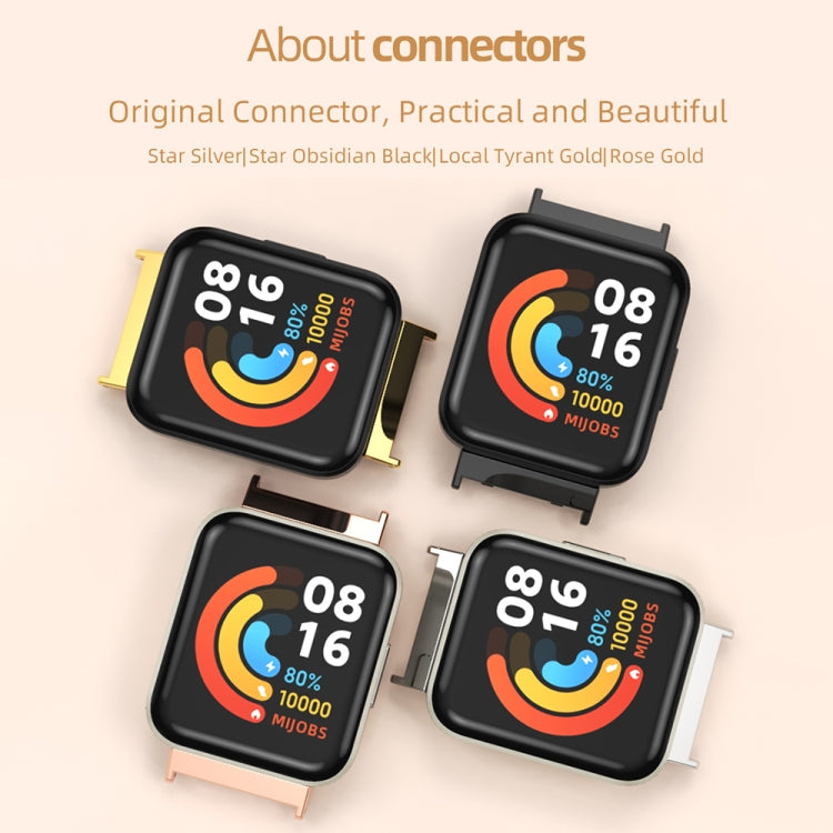 Watch strap connectors with metal pins on TPU watch bands, four color options shown
