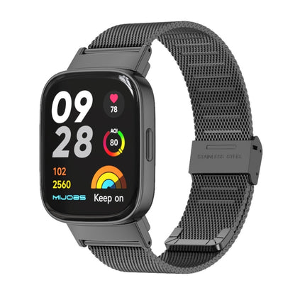 Black stainless-steel mesh watch band with metal buckle for a smartwatch.
