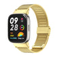 Gold stainless-steel mesh watch band with metal buckle for a smartwatch.
