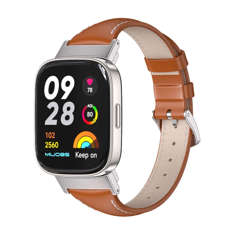 Genuine leather slim watch band, orange-brown with buckle and pin holes, for Redmi Watch 3
