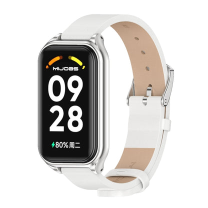 White PU leather smartwatch band with metal shell, silver-toned watch case