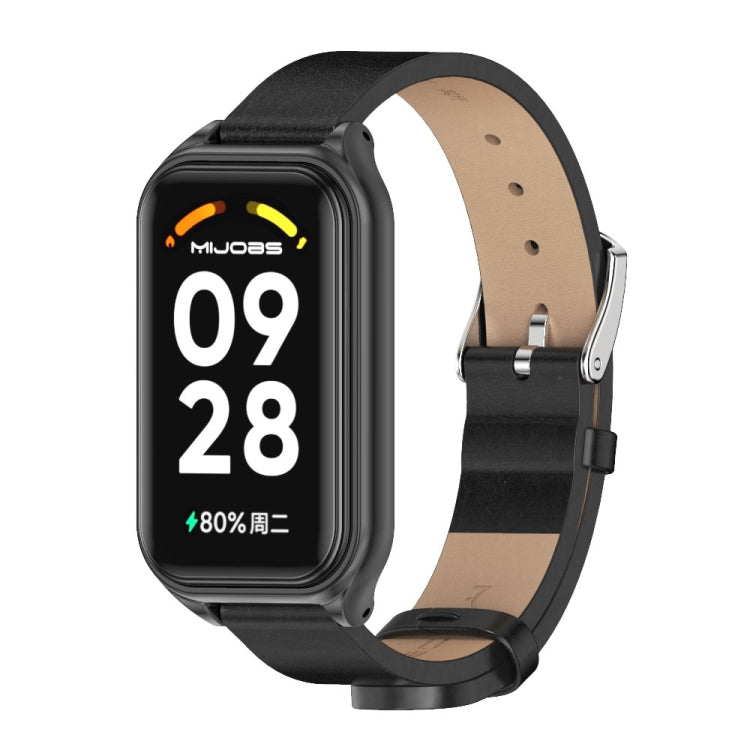 Black PU leather smartwatch band with metal shell, silver-toned case, digital display