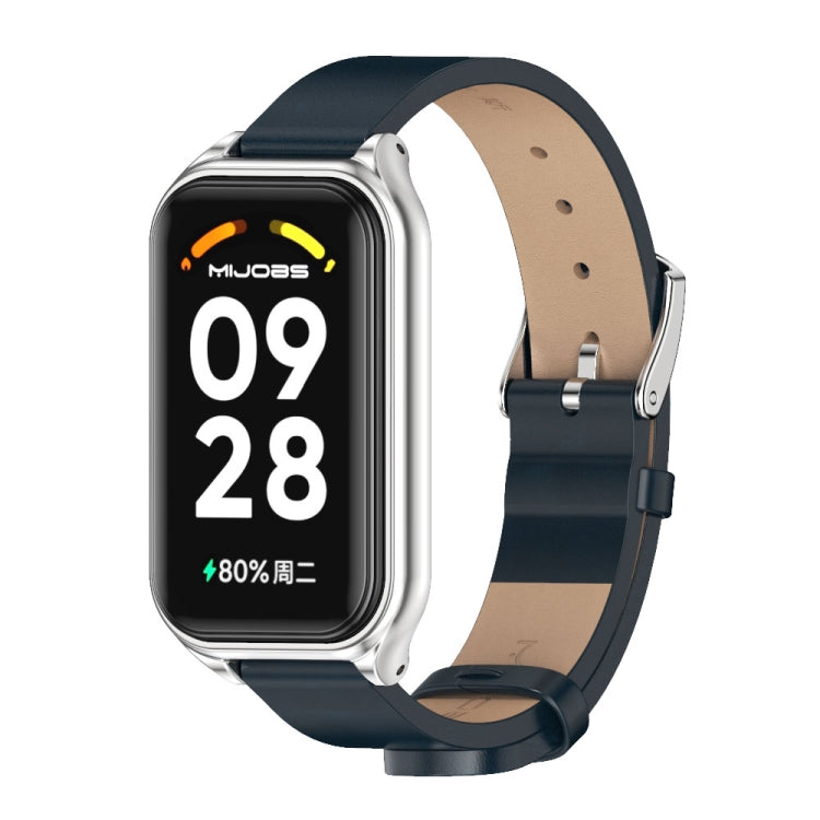Dark blue PU leather smartwatch band with metal shell, silver-toned watch case