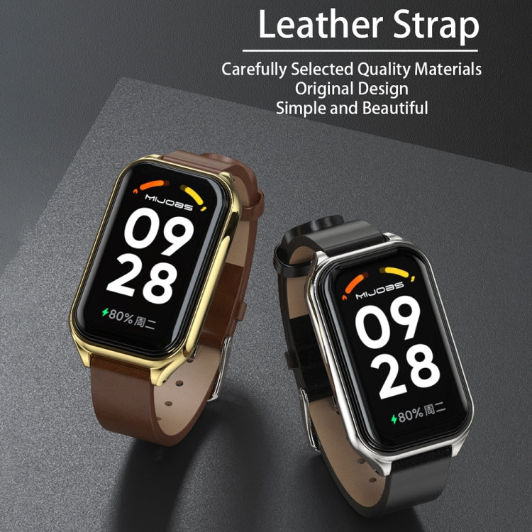 Pair of leather-look metal shell watch bands, brown and black, with silver hardware