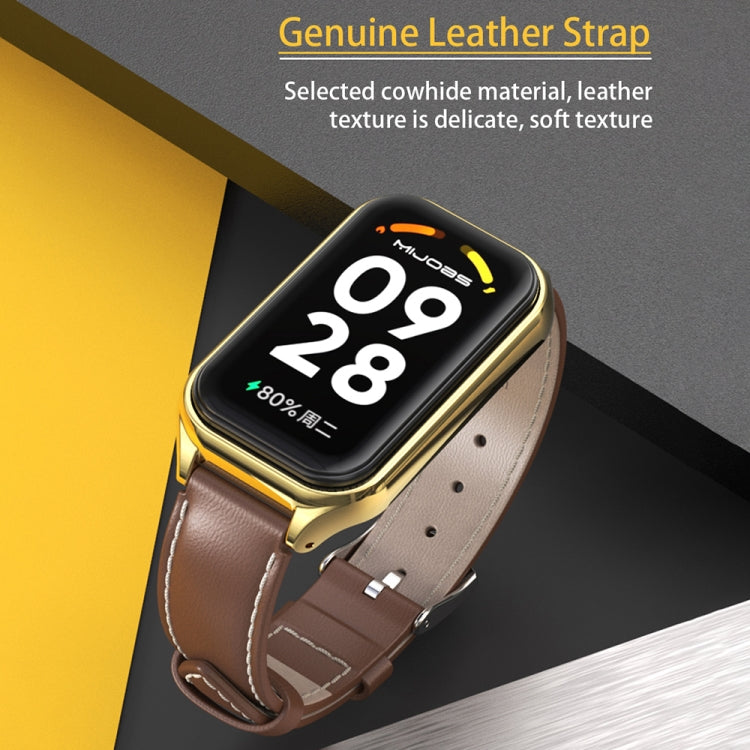 Brown leather-look watch band with gold metal shell and silver buckle