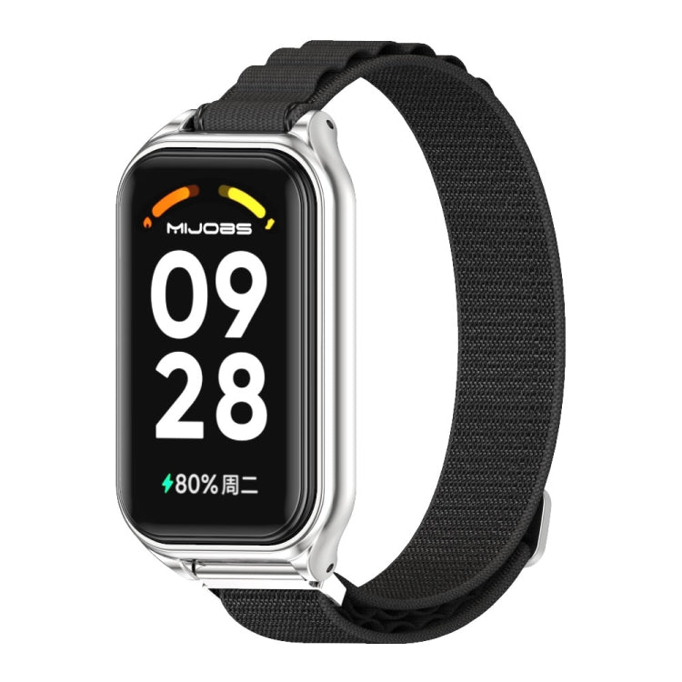 Metal-shell nylon watch band with black strap and silver smartwatch frame
