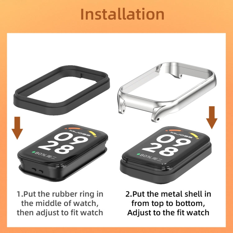 Watch band installation guide showing rubber ring and metal shell placement