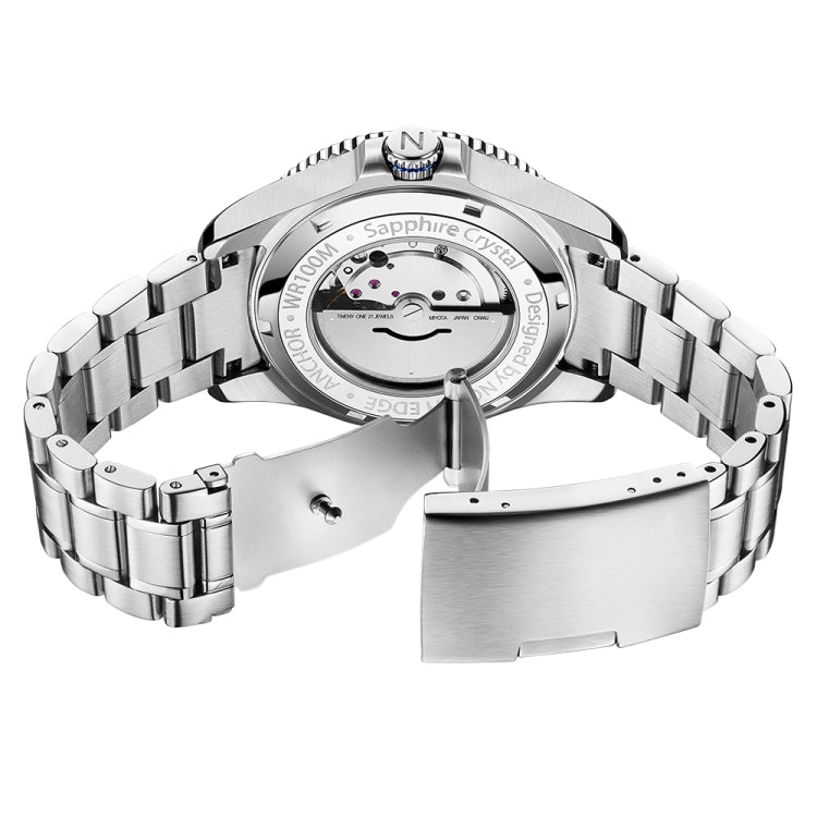 Men's mechanical diver watch underside with stainless steel bracelet and clasp