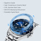 Men's mechanical diver watch close-up with blue dial and rotating ceramic bezel