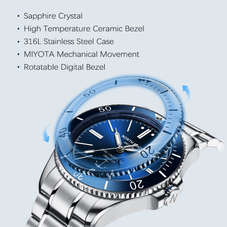 Men's mechanical diver watch close-up with blue dial and rotating ceramic bezel