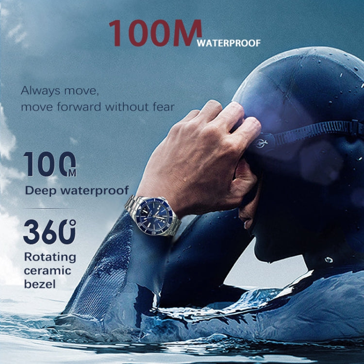 Men's waterproof mechanical diver watch with blue dial and rotating ceramic bezel