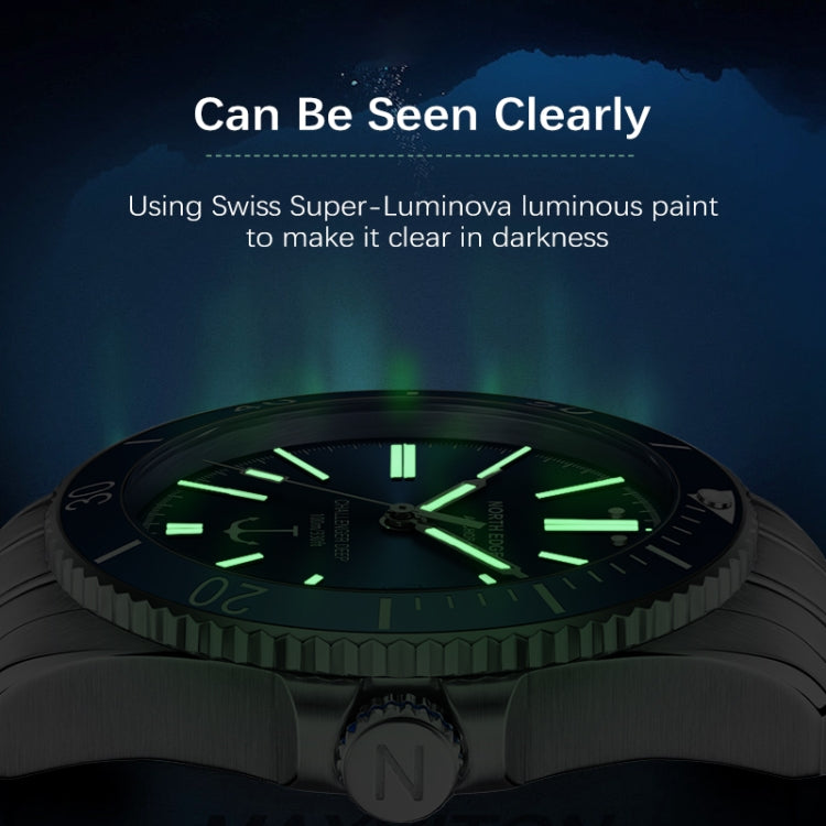 Men's mechanical diver watch with bright luminous green dial markers and hands
