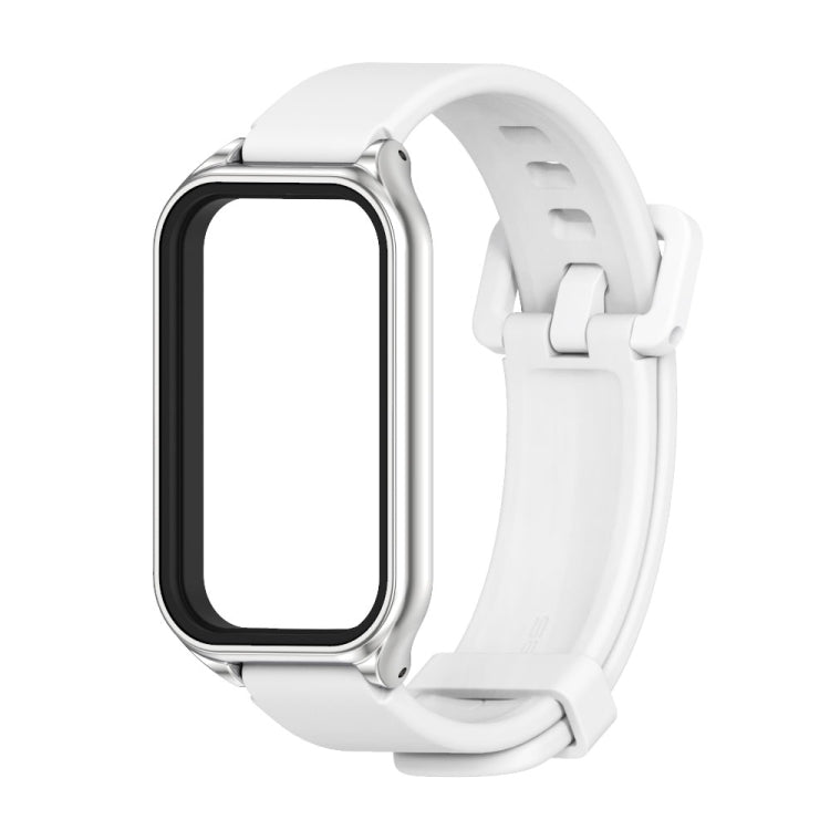 Metal shell silicone watch band, white strap with silver frame; front view with blank display