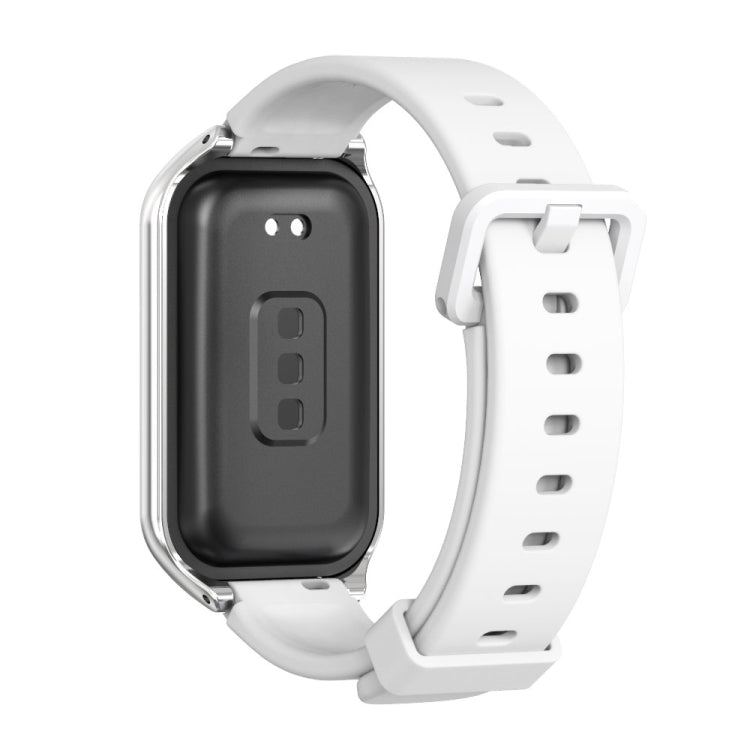 Metal shell silicone watch band, white strap with silver frame; back of watch shown