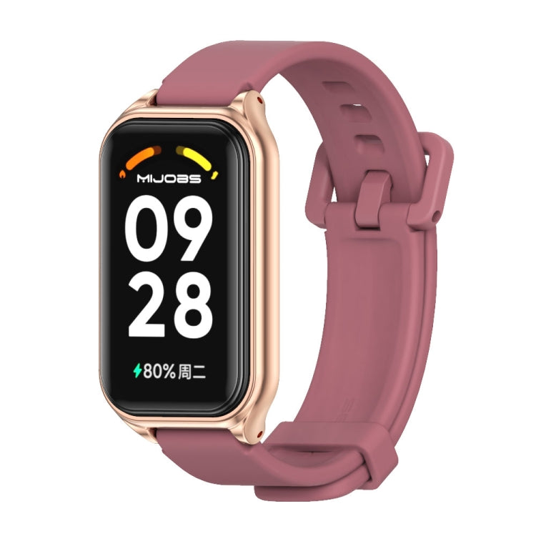 Metal shell silicone watch band, pink strap with rose-gold frame and dark display