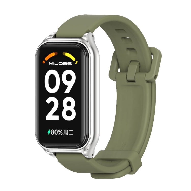 Metal shell silicone watch band, olive green strap with silver frame and dark display