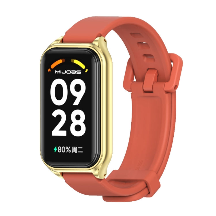 Metal shell silicone watch band, rust red strap with gold frame and dark display