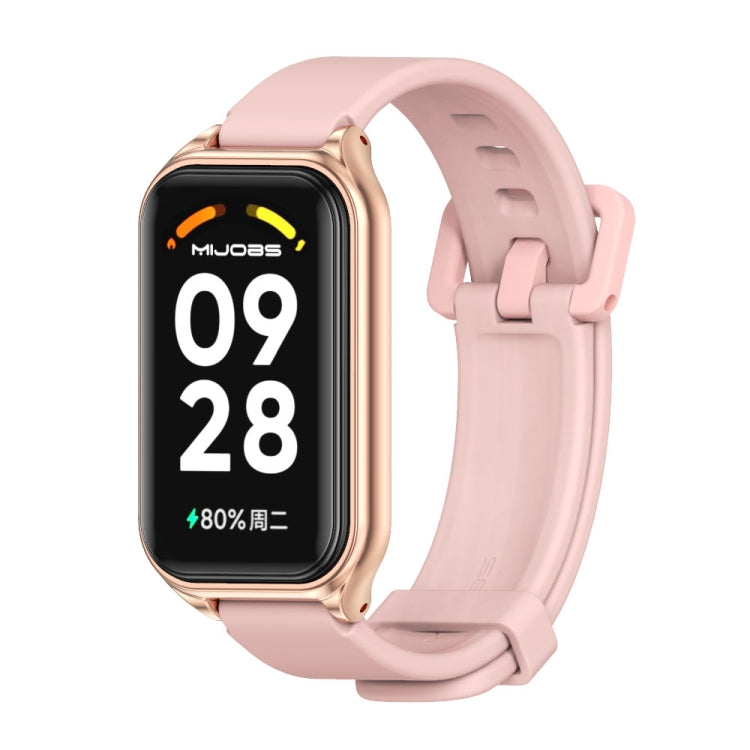 Pink silicone watch band with rose-gold metal case smartwatch display