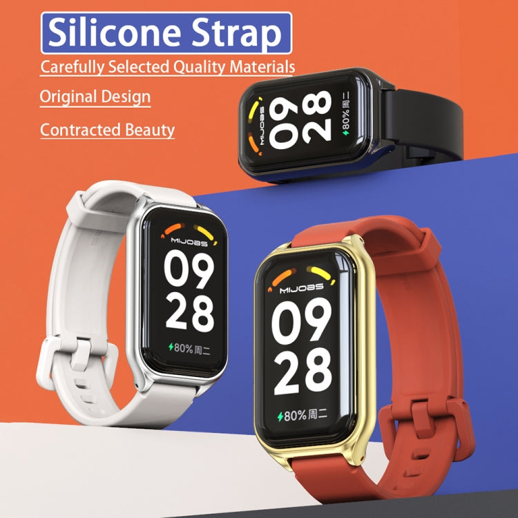 Metal-shell silicone watch bands in white, black, gold, and red colors