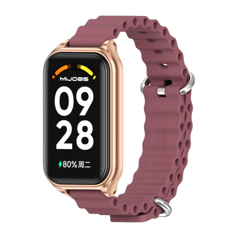 Metal shell silicone watch band in wine red with rose-gold bezel and silver clasp