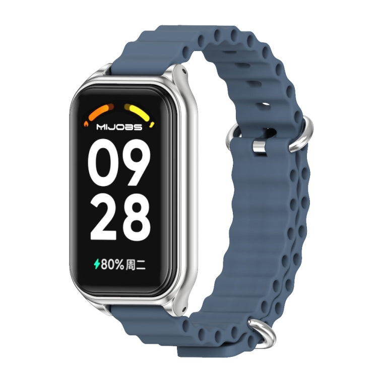 Metal shell silicone watch band in dark blue with silver bezel and clasp