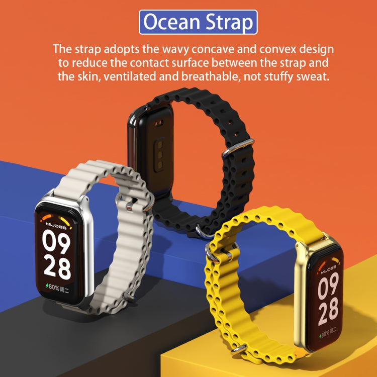Metal watch band set with ocean-style wavy silicone links, black with silver and yellow