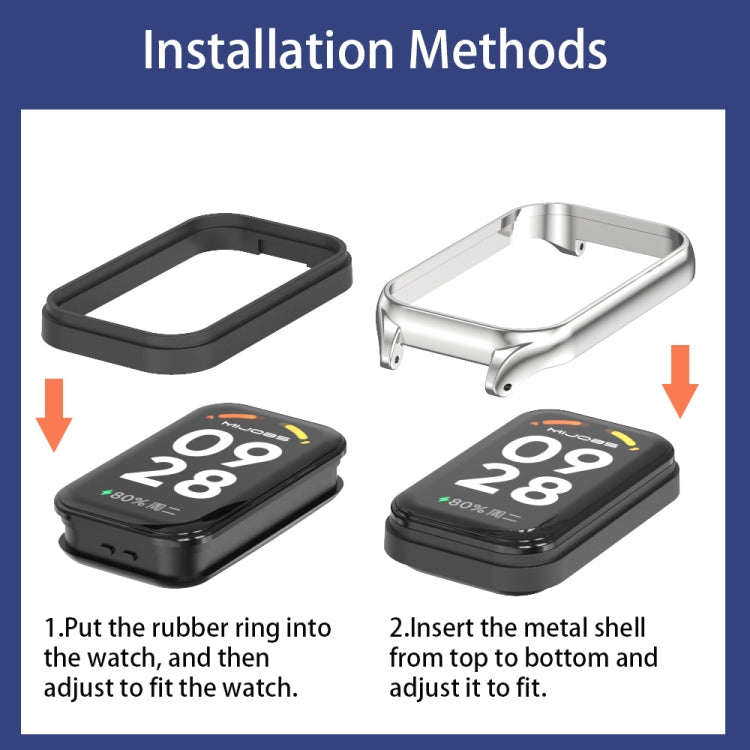 Metal shell watch bands with black and silver frames, shown during installation