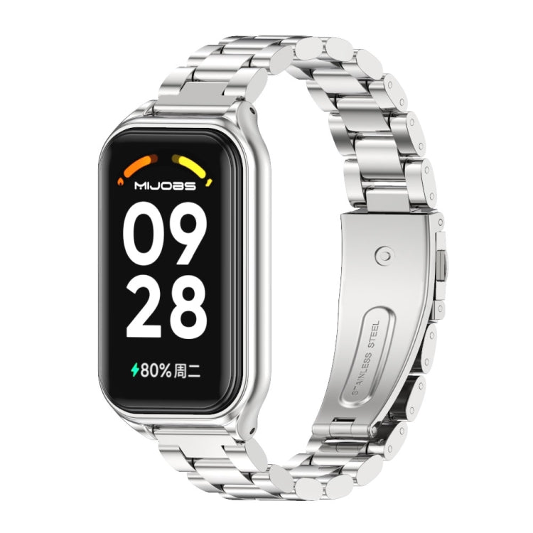 Silver metal three-bead stainless steel watch band with smartwatch face