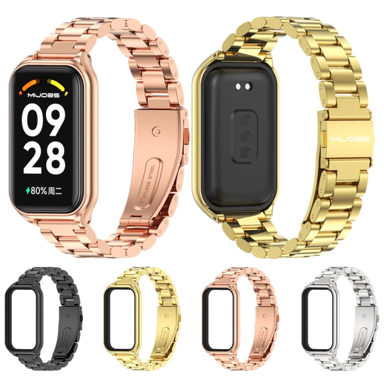 Set of metal three-bead watch bands in black, gold, rose gold, and silver