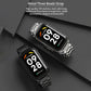 Two smartwatches with metal three-bead stainless steel straps in silver and black