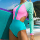 Pink and mint long-sleeve one-piece swimsuit with zip front