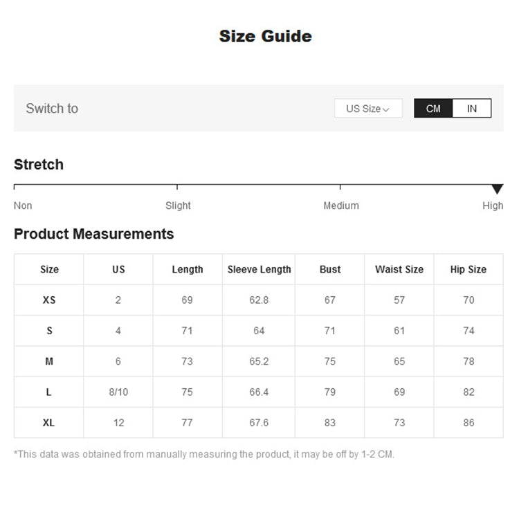 Size guide chart showing product measurements by size