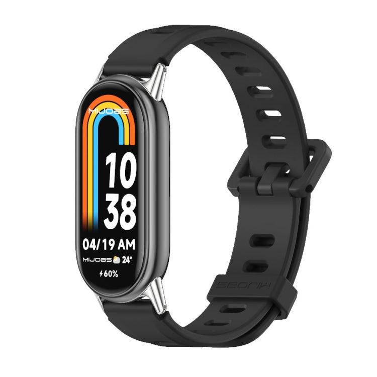 Black+silver breathable silicone watch band with perforations and adjustable buckle