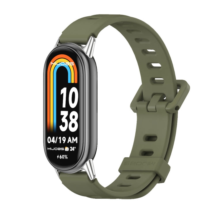 Army green breathable silicone watch band with perforations and metal-toned clasp