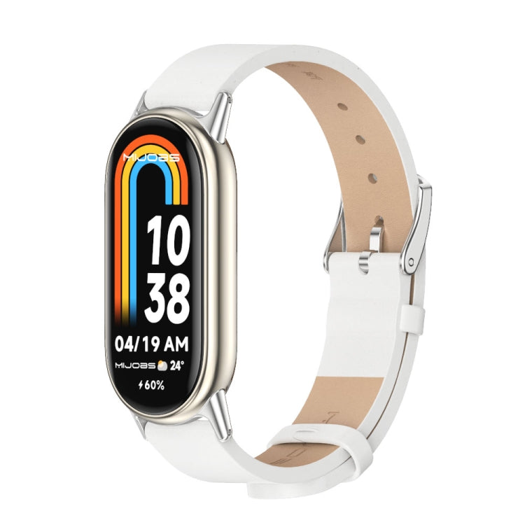 White/silver microfiber PU leather smartwatch band with metal buckle and clasp