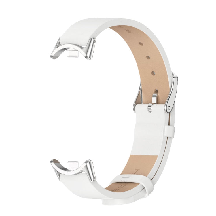 White/silver microfiber PU leather smartwatch band with metal buckle, side view