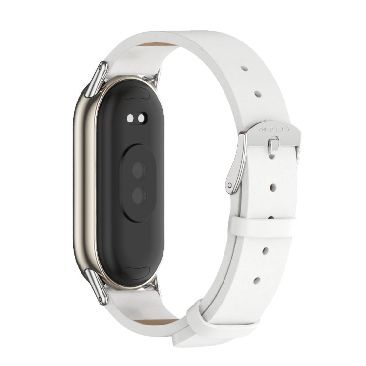 White/silver microfiber PU leather smartwatch band with metal clasp, backside view