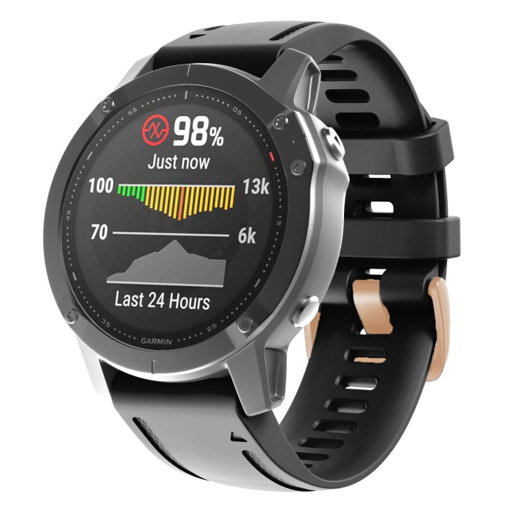 Black silicone watch band with rose-gold buckle for Garmin smartwatch, 20mm