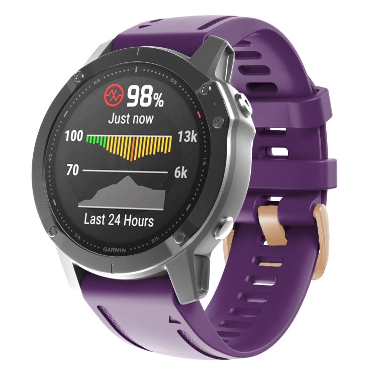 Purple silicone watch band with rose-gold buckle and adjustable holes