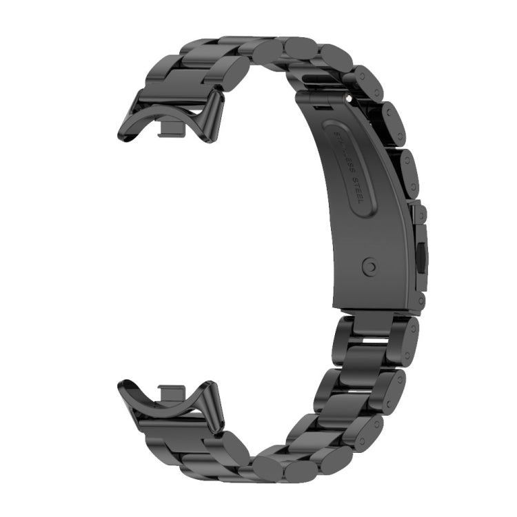 Black three-bead stainless steel watch band with curved links and buckle, on smartwatch