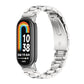 Silver three-bead stainless steel watch band with round link accents, on smartwatch