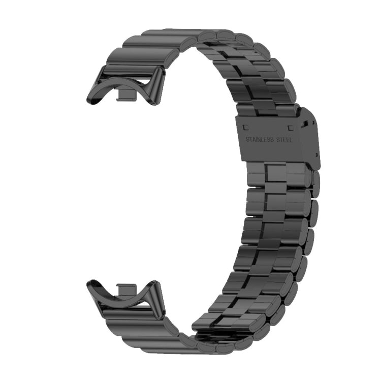 Black metal link watch band with buckle and curved clasp ends for Xiaomi Smart Band.