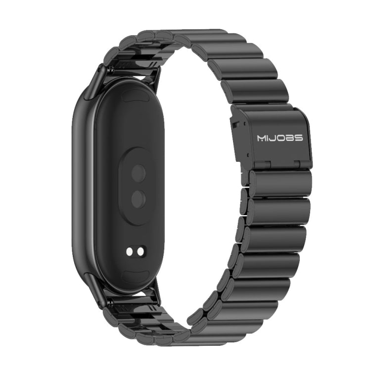 Black stainless steel link watch band with clasp and sensor cutouts.