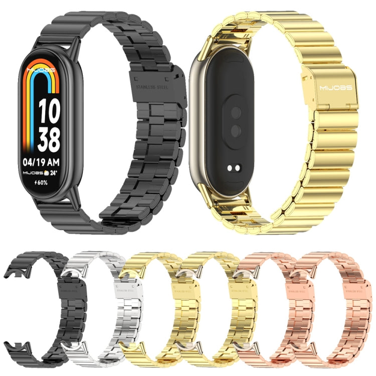 Assorted stainless steel watch bands in black, silver, gold, and rose gold.