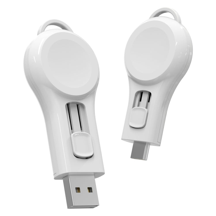 Two white magnetic suction wireless chargers with suction heads and USB plugs
