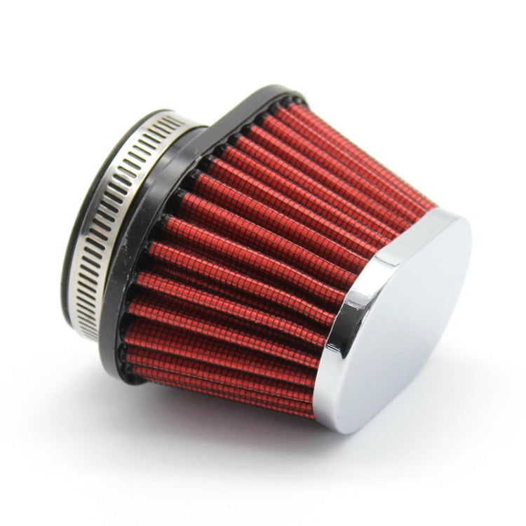 Red mushroom-style motorcycle air filter with pleated mesh, black rim, and silver base