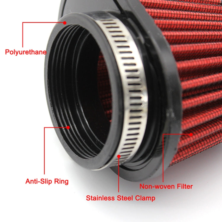 Red pleated air filter with black inner ring and stainless steel clamp